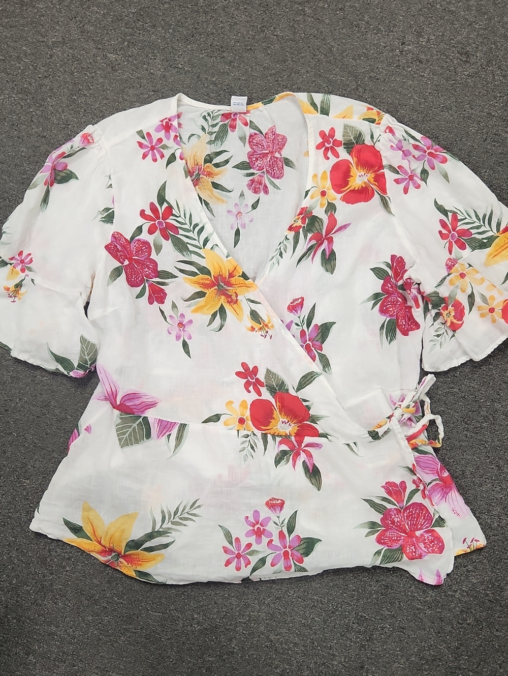 Old Navy White Floral Wrap Top with Pink and Yellow Blooms